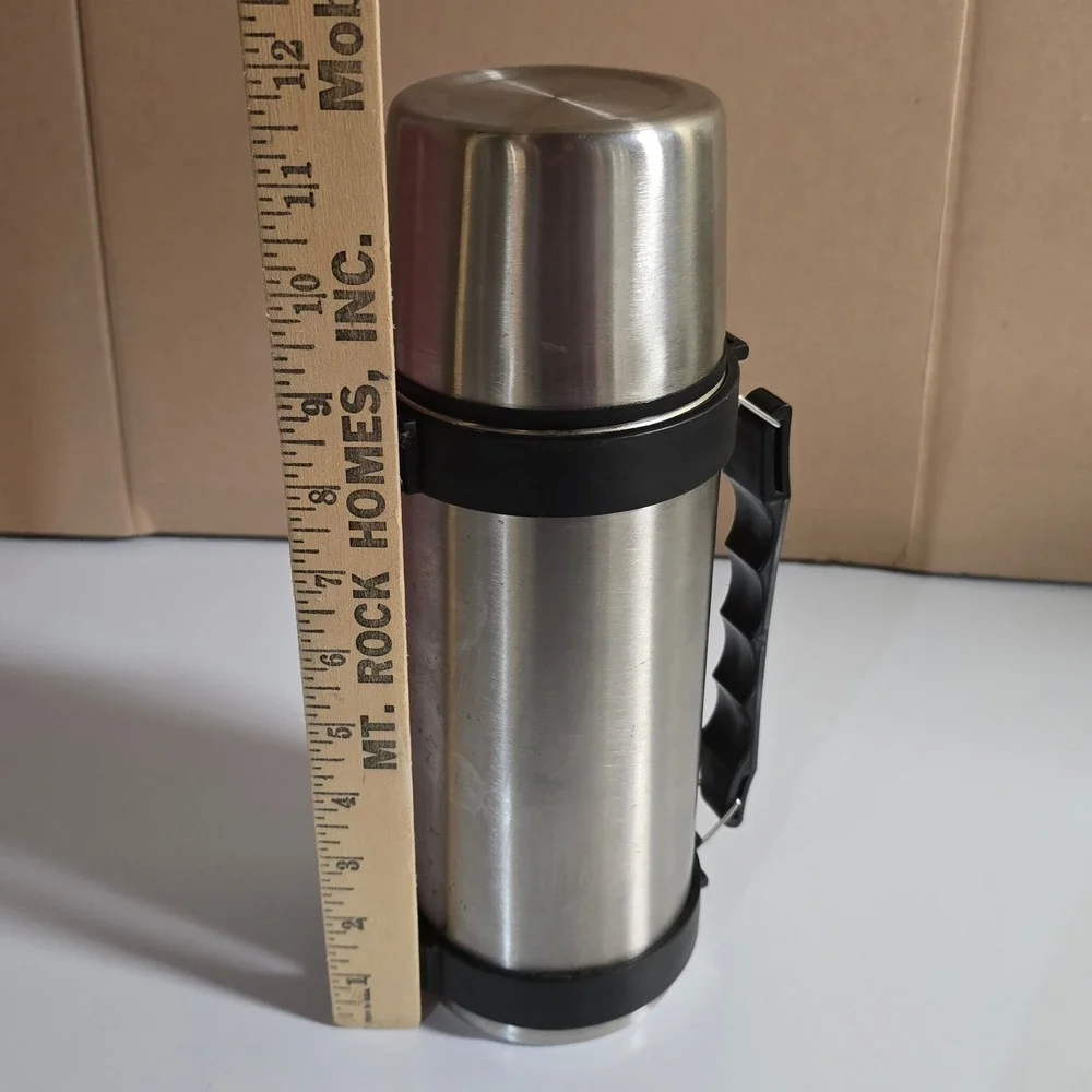 Vintage Stainless Steel Vacuum Bottle‎ Thermos w Cup Lid Stopper & Handle